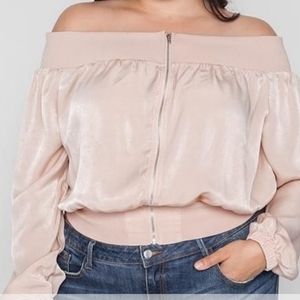 (Run Small) PLUS SIZE OFF-THE-SHOULDER LIGHT BOMBER JACKET